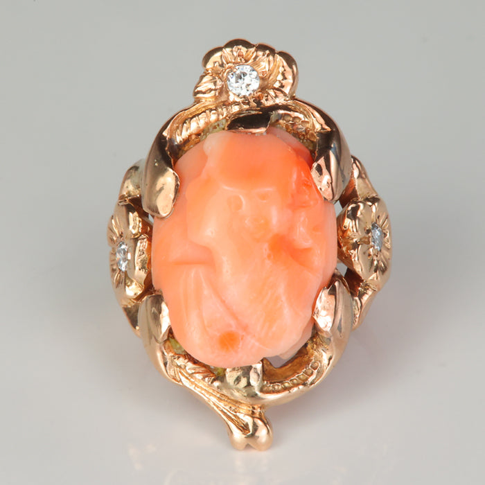 yellow gold coral cameo ring with diamond accents