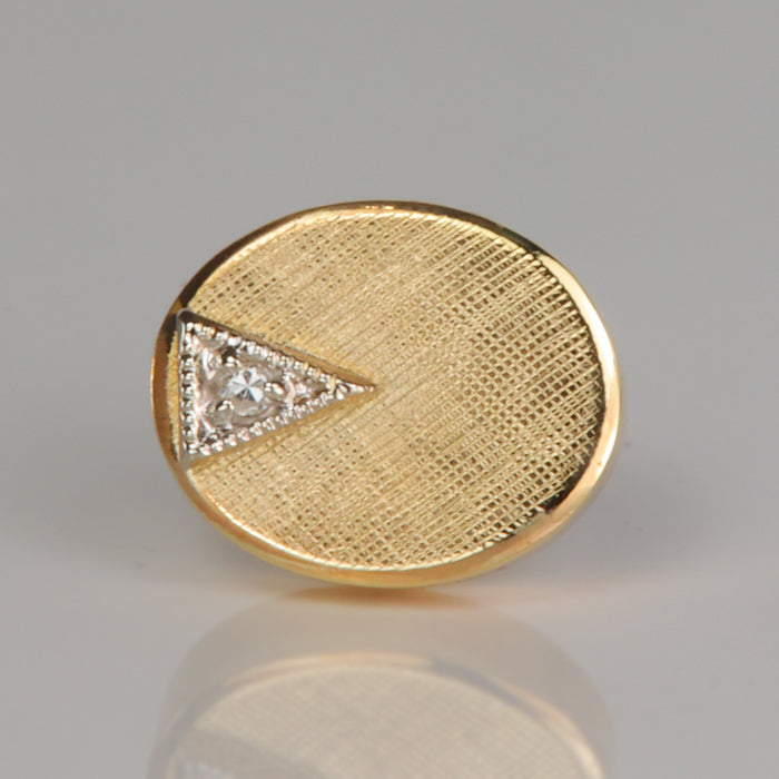 Estate yellow gold crosshatch textured tie tack with diamond accent 