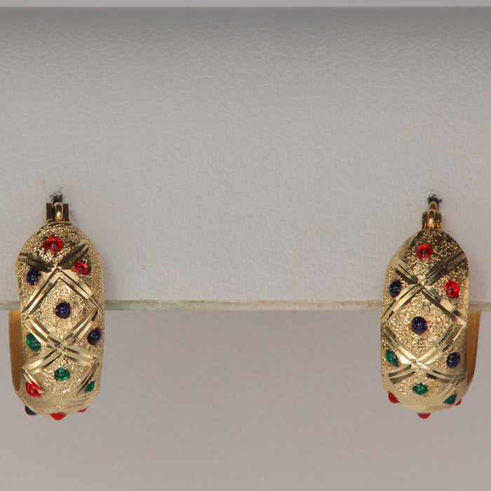 multi color enamel dot yellow gold hoop earrings 