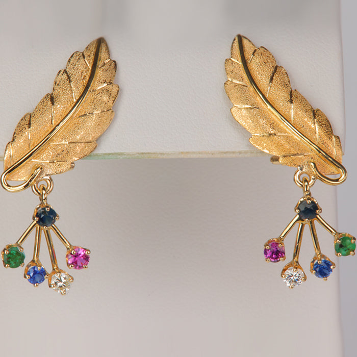 estate yellow gold leaf earrings with gemstones ruby sapphire emerald and diamond