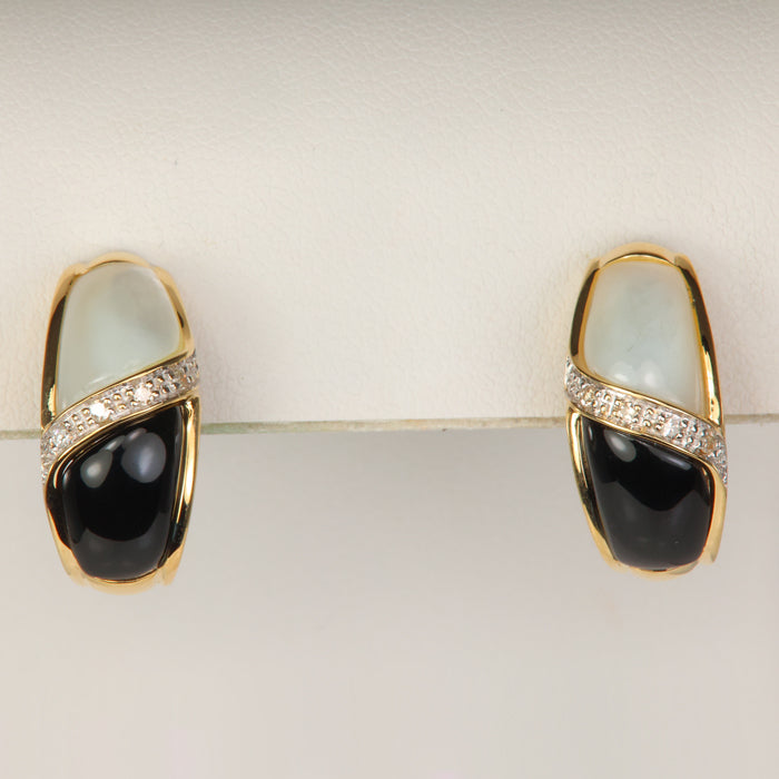 estate gold earrings with mother of pearl and onyx and diamond accents