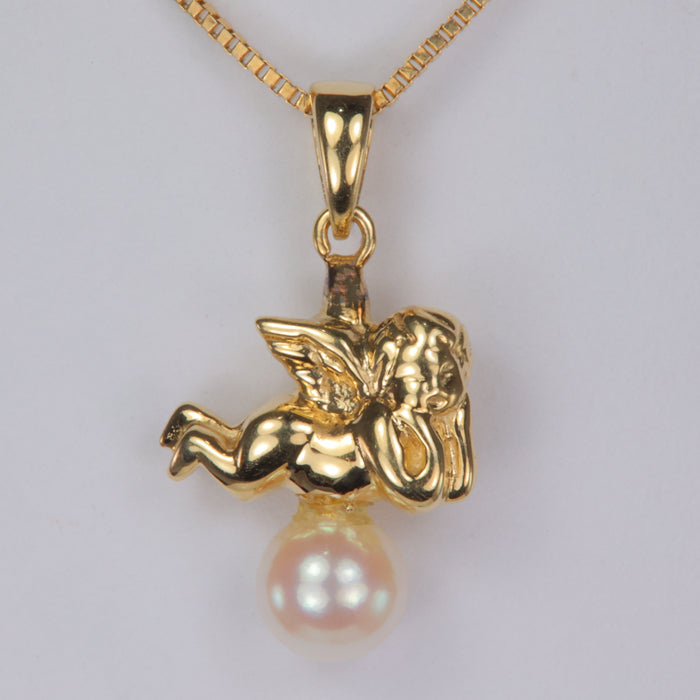 pearl and yellow gold cherub pendant 