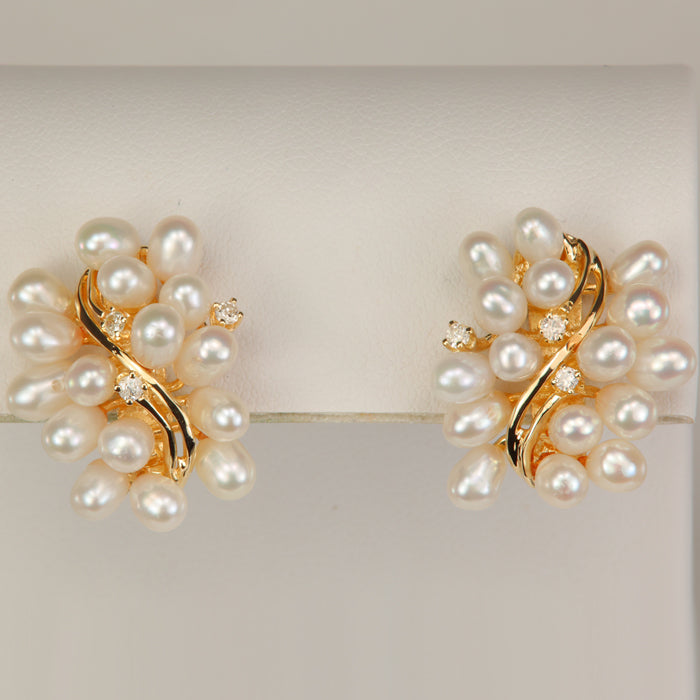 gold and pearl earrings with diamond accents