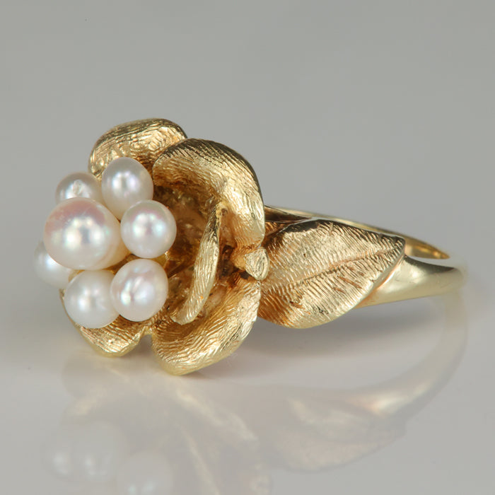 yellow gold estate pearl flower ring
