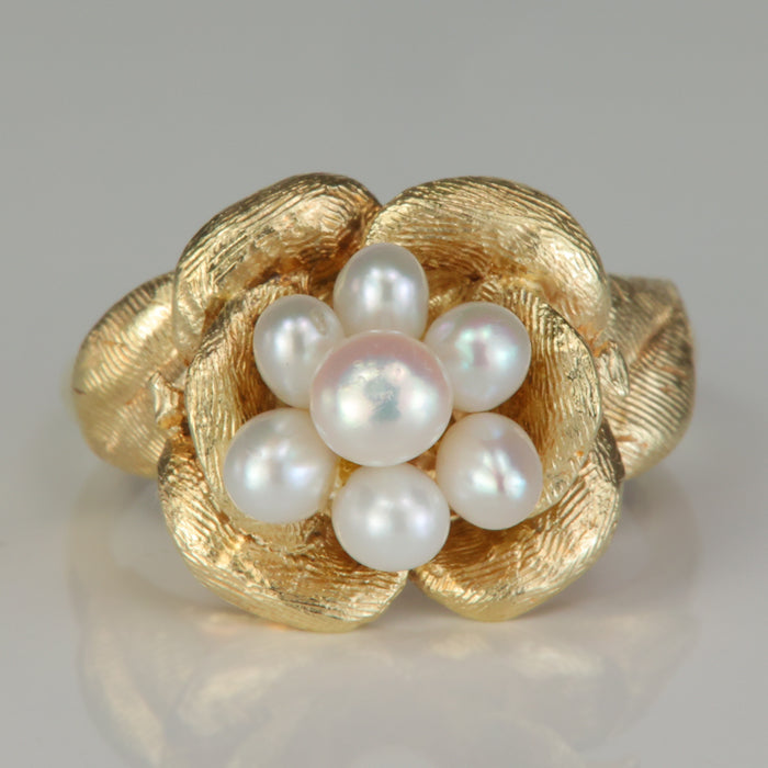 pearl cluster ring in yellow gold with flower shape