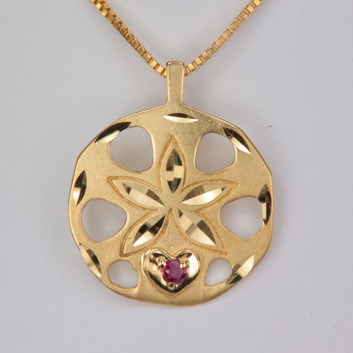 yellow gold pendant sand dollar with ruby heart accent