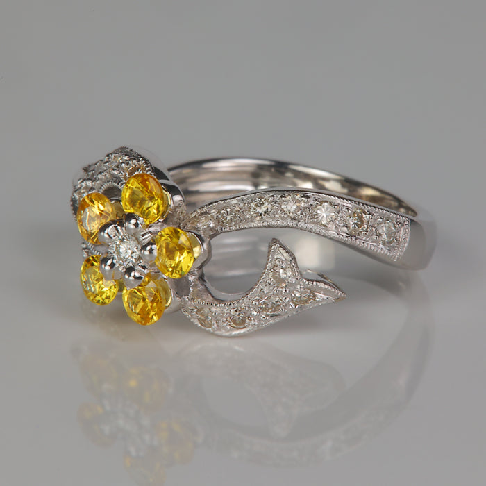 white gold yellow sapphire and diamond flower ring