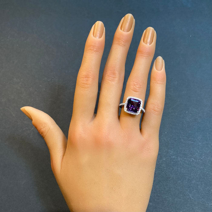 amethyst and diamond halo ring white gold