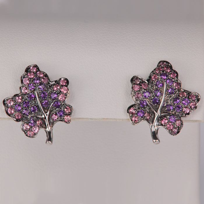 pink tourmaline and amethyst leaf earrings in white gold