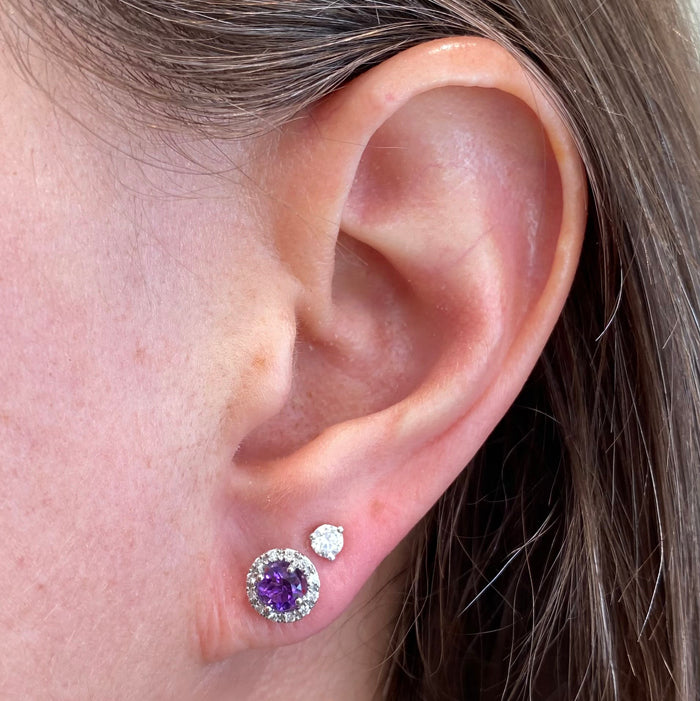 white gold diamond and amethyst stud earrings