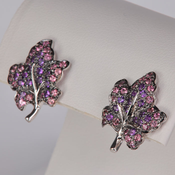tourmaline and amethyst white gold leaf earrings