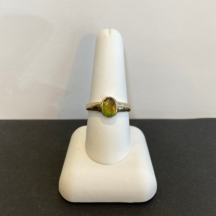 ammolite doublet ring in yellow gold with diamond accent