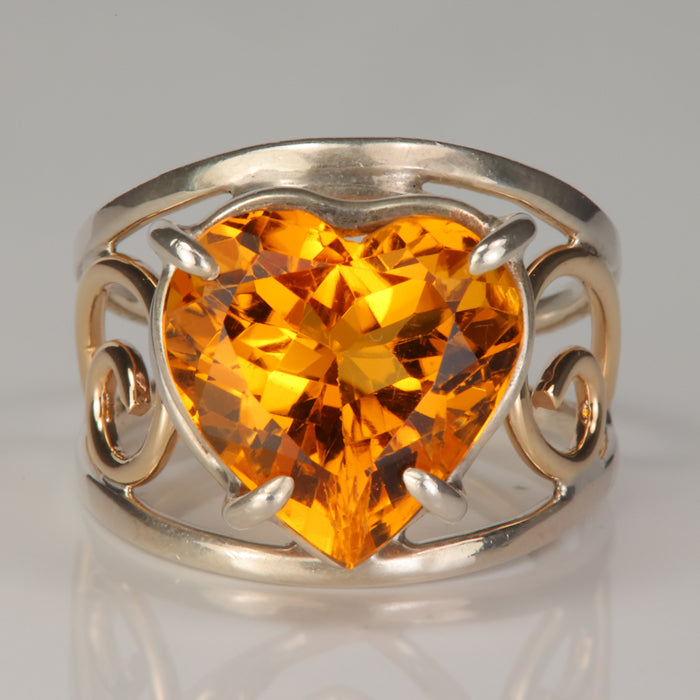 golden orange heart shape citrine gemstone ring in sterling silver and yellow gold