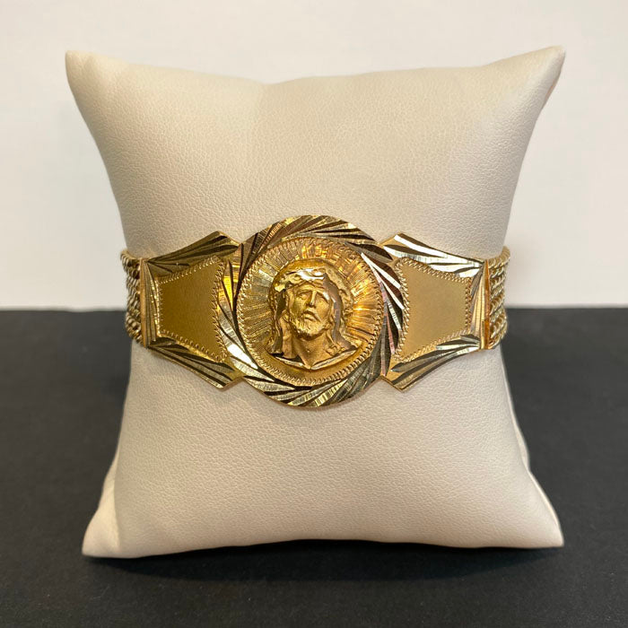 yellow gold curb link jesus image bracelet