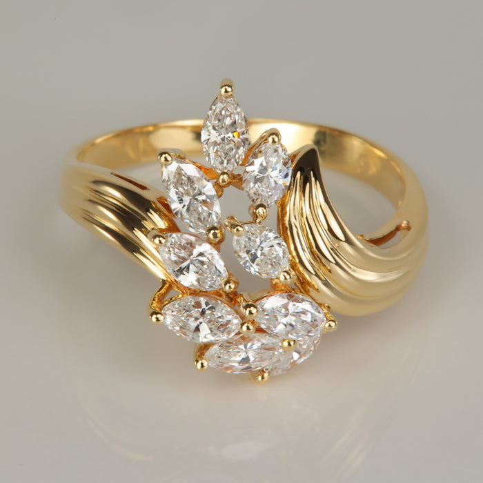yellow gold diamond cluster ring marquise brilliant cut 