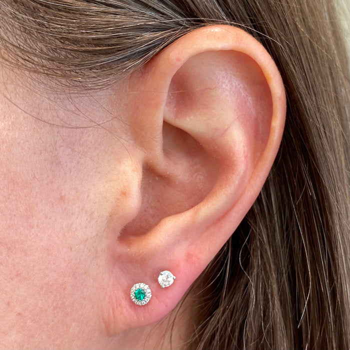 14K White Gold Emerald Stud Earrings With Diamond Halo Carats