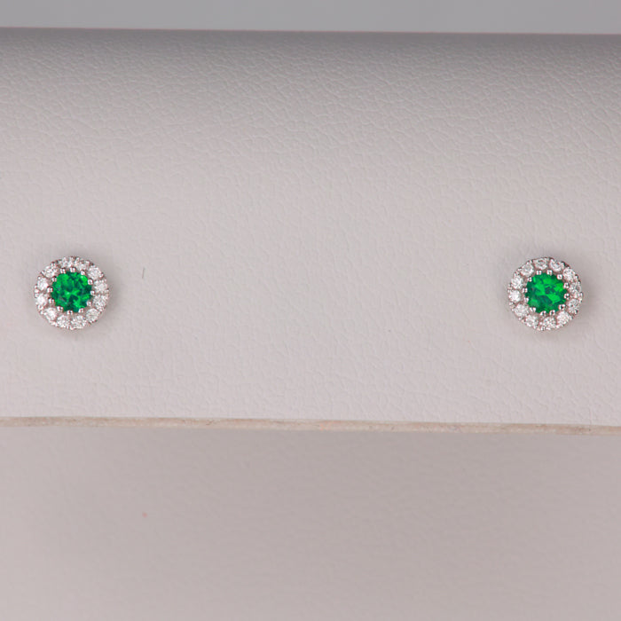 thumbnail image 2 of 2 Carat Simulated Diamond & Emerald Halo Stud Earrings – 14K White Gold Plated Sterling Silver 2 of 5