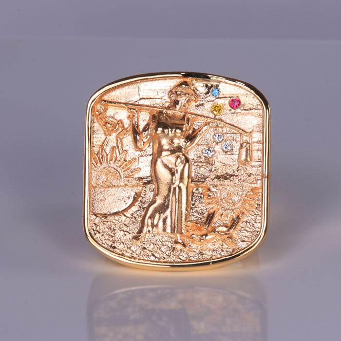yellow gold goddess ring ruby diamond irradiated diamond ring 