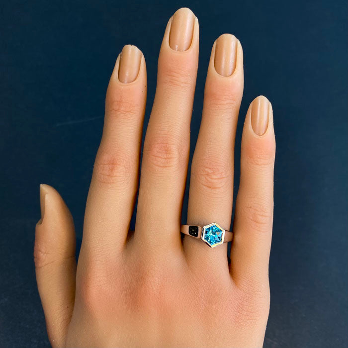 14K White Gold Hexagon Blue Zircon Ring Carats