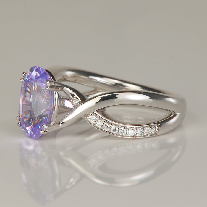 white gold oval cut natural lavender pink sapphire and diamond ring 