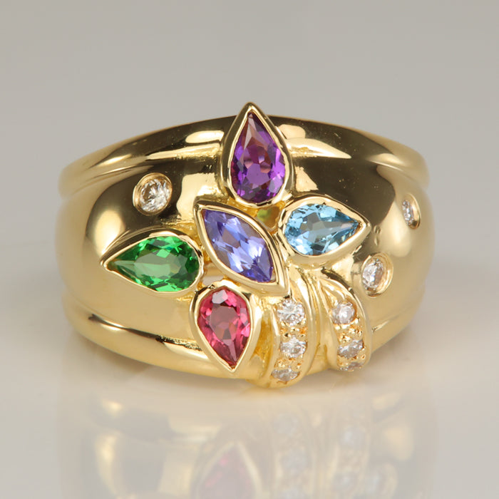 gemstone ring with tanzanite, tourmaline, aquamarine, amethyst and tsavorite and diamond accents