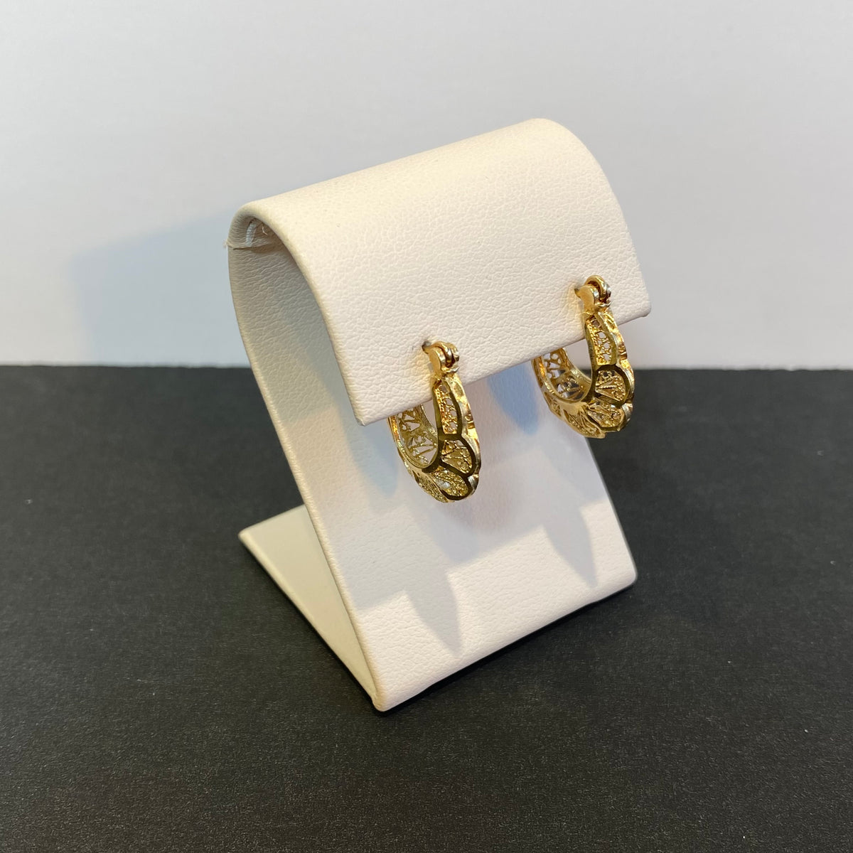 ornate scroll hoop earrings yellow gold