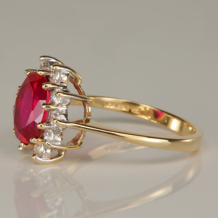 yellow gold synthetic ruby and cubic zirconia ring 