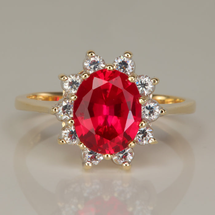 yellow gold synthetic ruby and cubic zirconia ring 