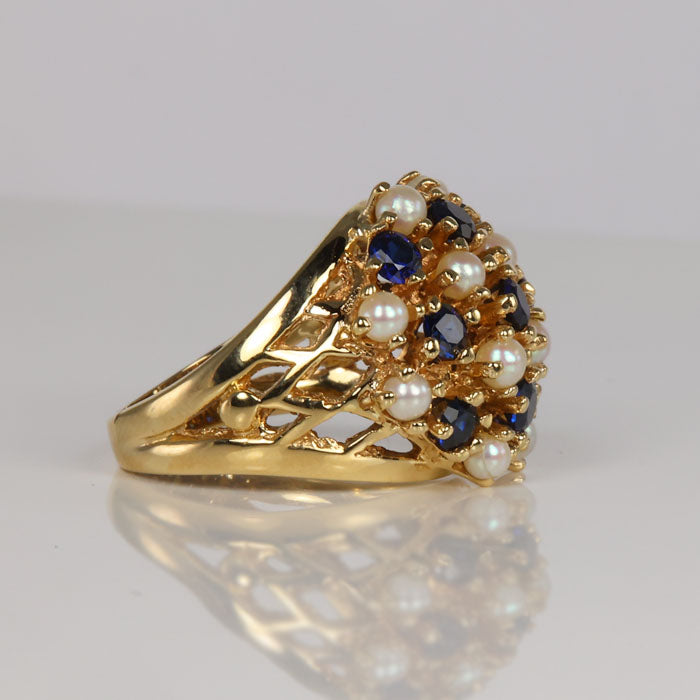 yellow gold synthetic sapphire and pearl 