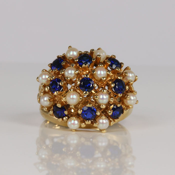 pearl and synthetic sapphire ring in yellow gold