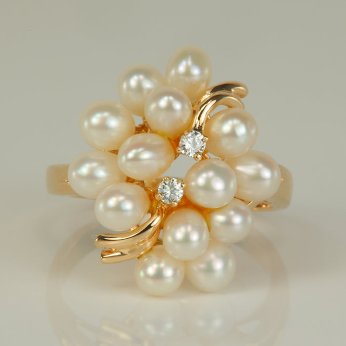 yellow gold pearl cluster ring with diamond accents