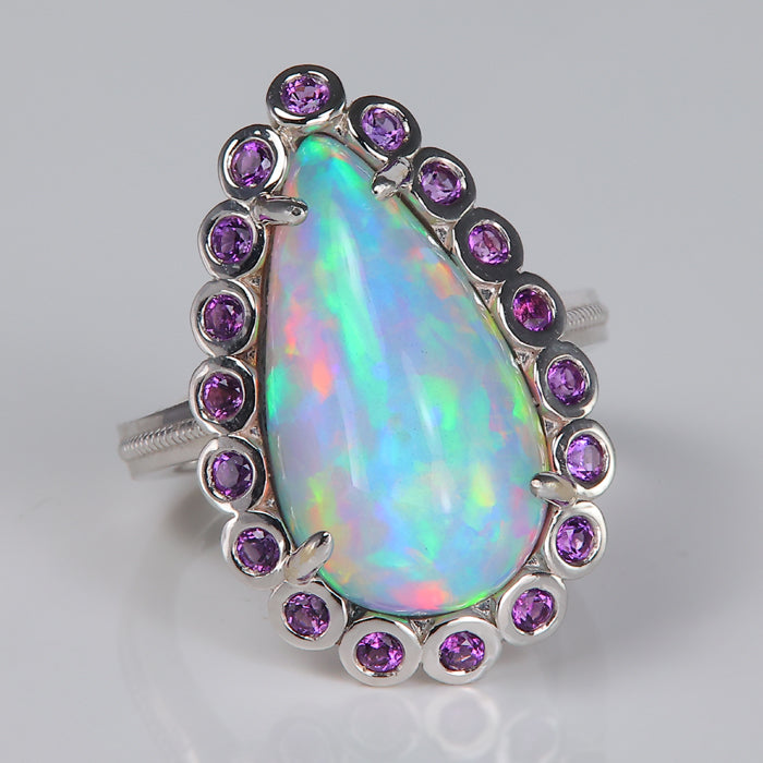 white gold pear opal and amethyst ring
