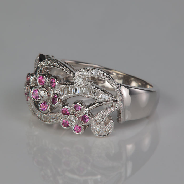 white gold and pink sapphire ring flower design