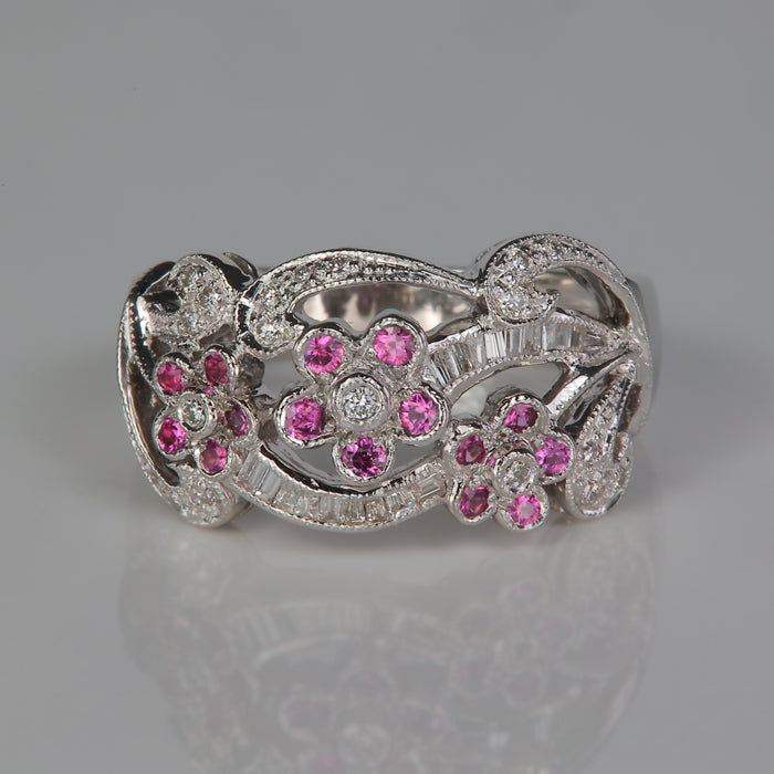 white gold pink sapphire flower ring with diamond accents 