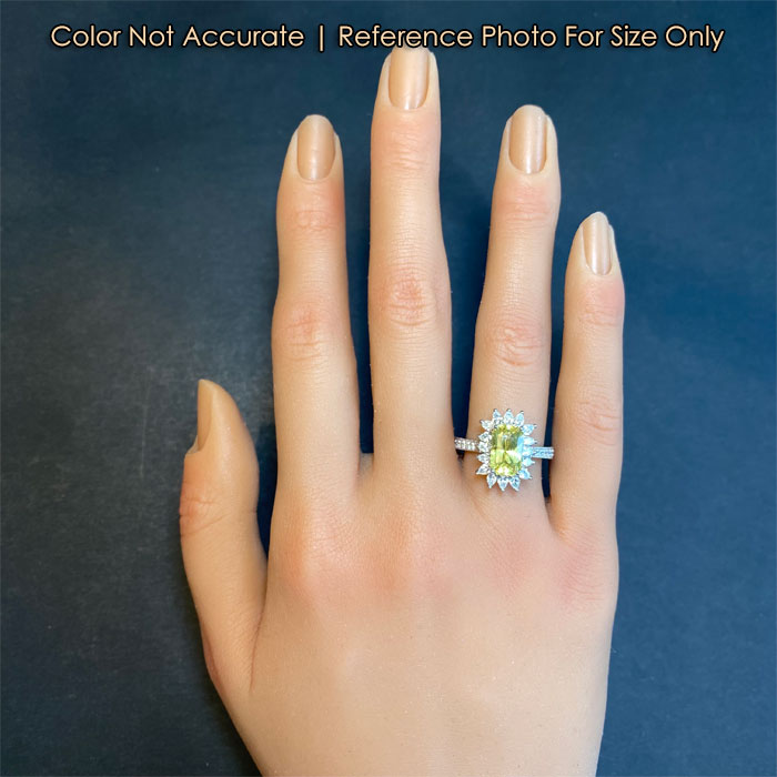 size of beautiful yellow sapphire ring on hand in platinum