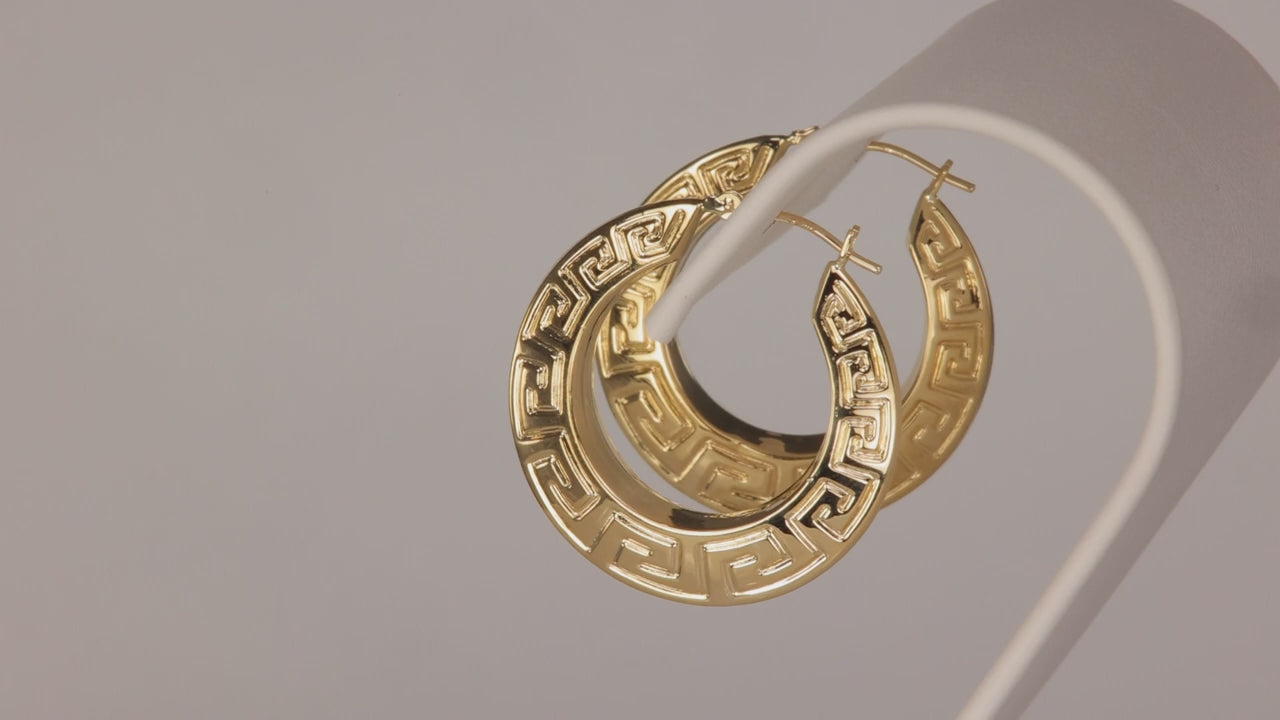 14K Yellow Gold Greek Key Hoops