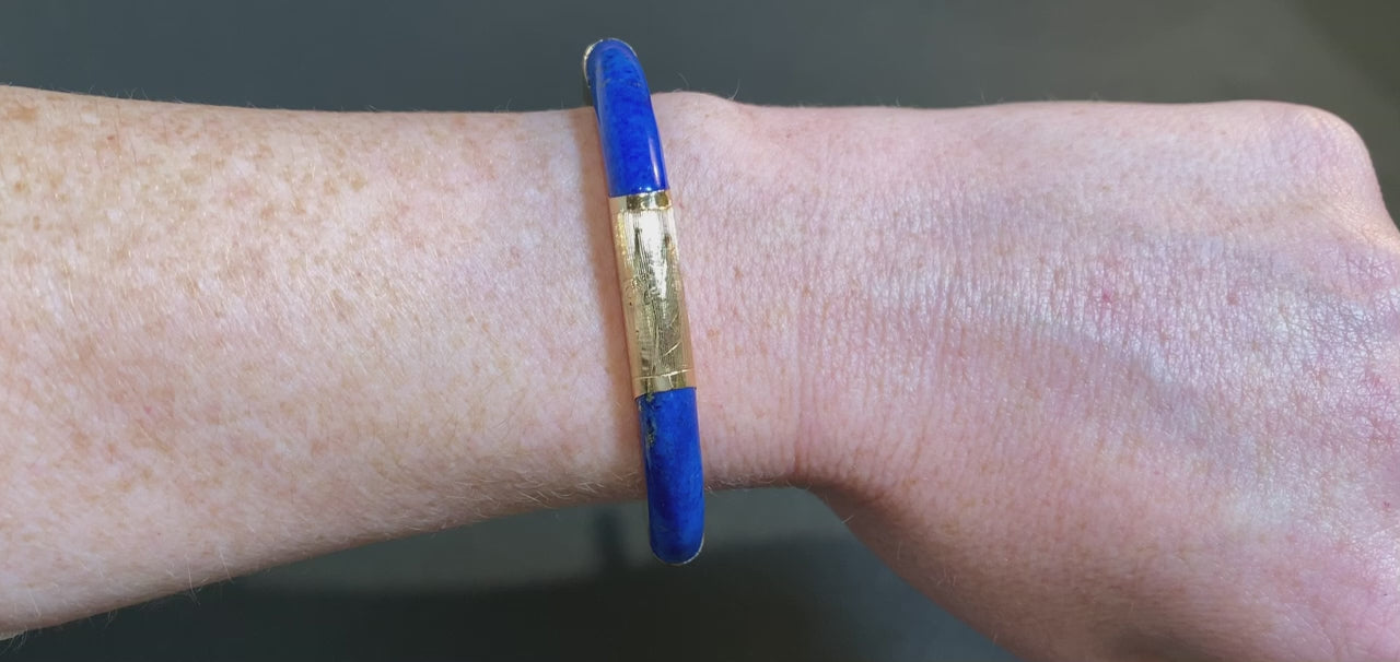 14K Ornate Yellow Gold Lapis Bangle