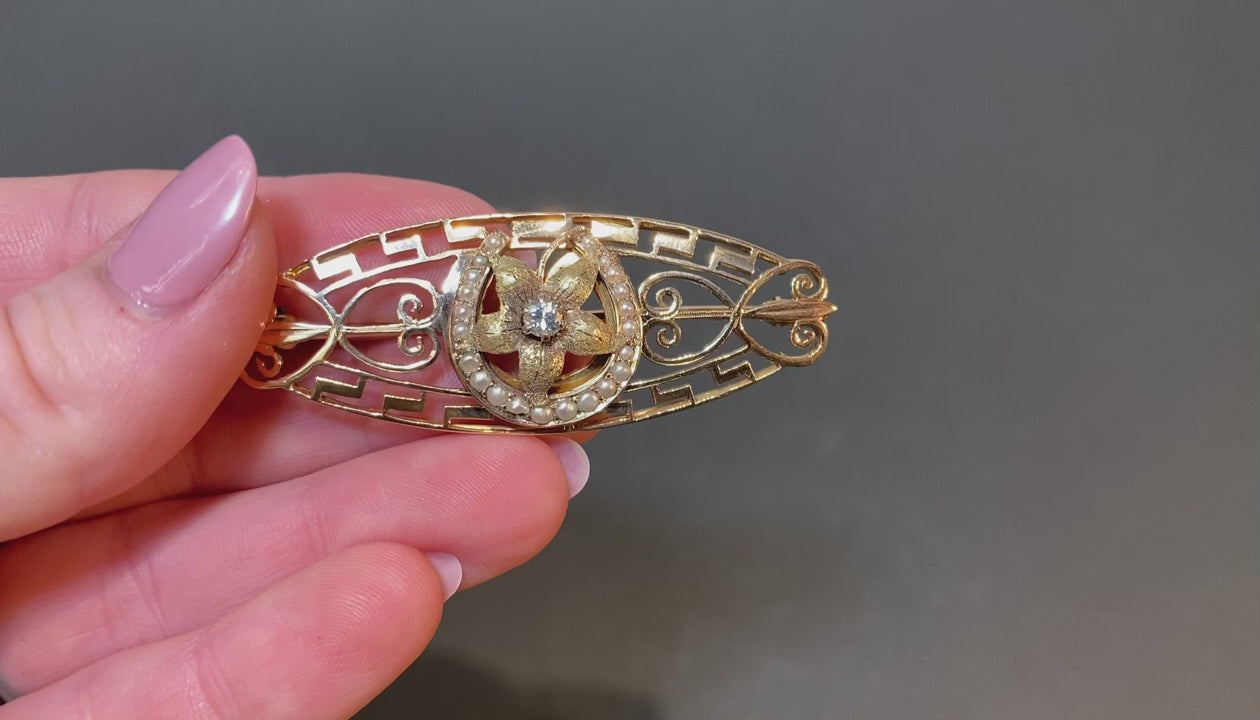 14K Yellow Gold Diamond and Seed Pearl Floral Horseshoe Pin/Brooch