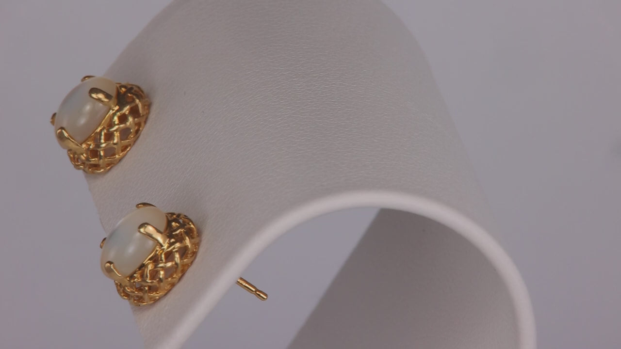 14K Yellow Gold Cabochon Mother Of Pearl Earrings