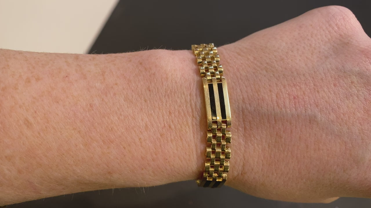 14K Yellow Gold Link and Black Onyx Bar Bracelet