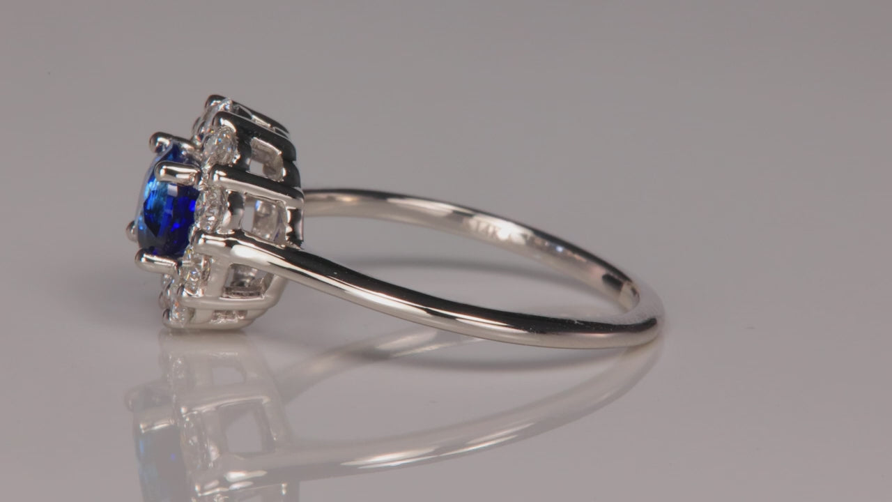 14K White Gold Fine Blue Sapphire and Diamond Halo Ring 1.11 Carats