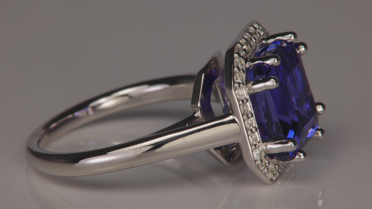 14k White Gold 6.44ct Square Step Cut Tanzanite Ring With Diamonds