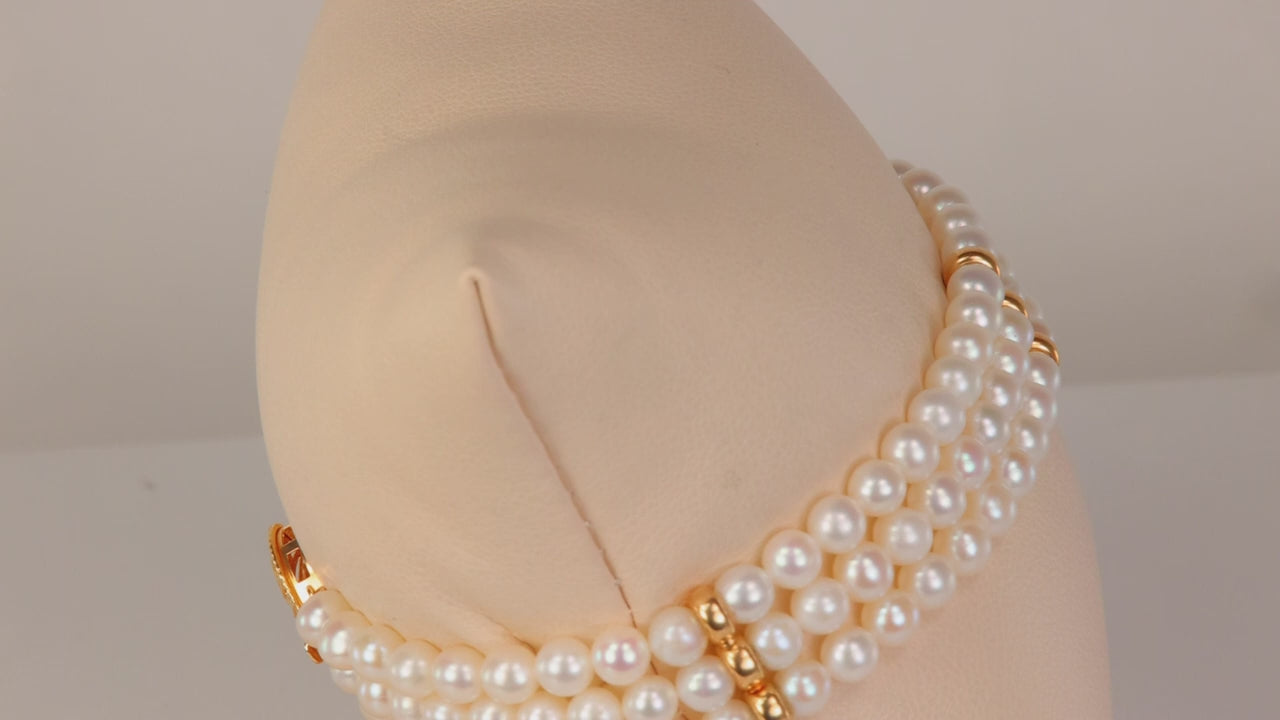 14K Yellow Gold and Pearl Triple Strand Bracelet 7.25"