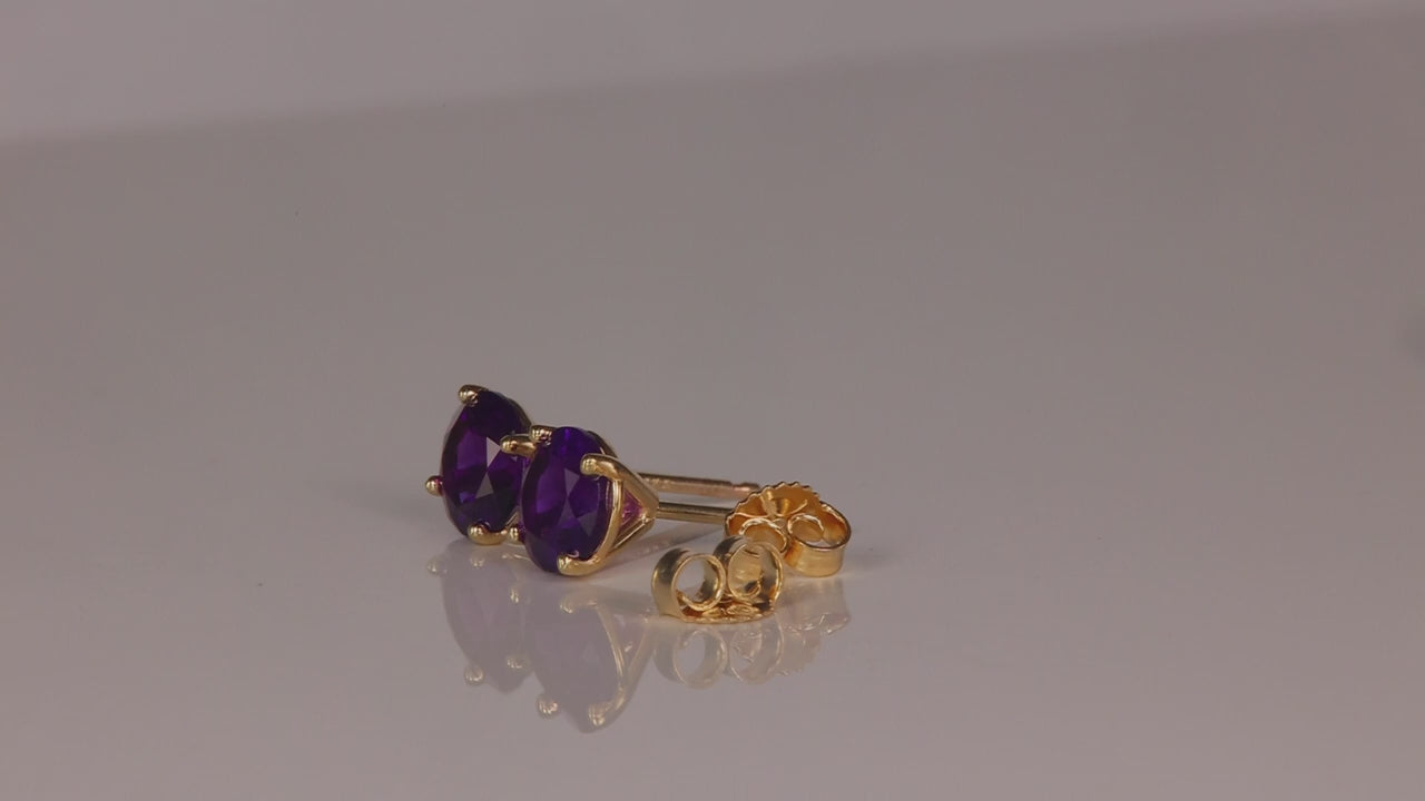 14K Yellow Gold Round Brilliant Amethyst Stud Earrings 1.45 Carats