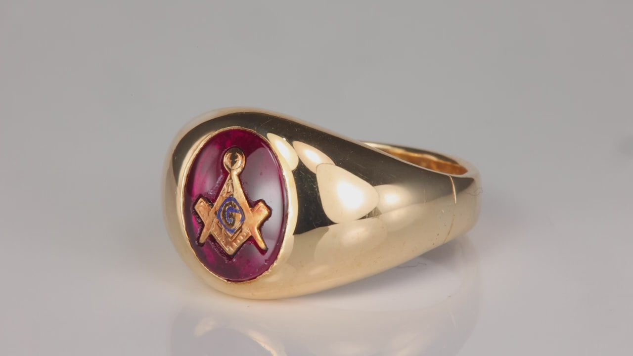 14K Yellow Gold Synthetic Ruby Freemason Ring
