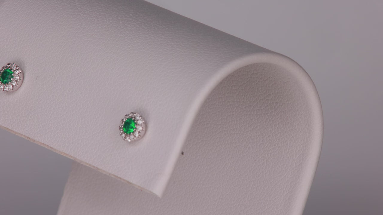14K White Gold Emerald Stud Earrings With Diamond Halo .13 Carats