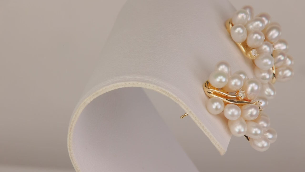 14K Yellow Gold Pearl Cluster Earrings with Diamond Accents