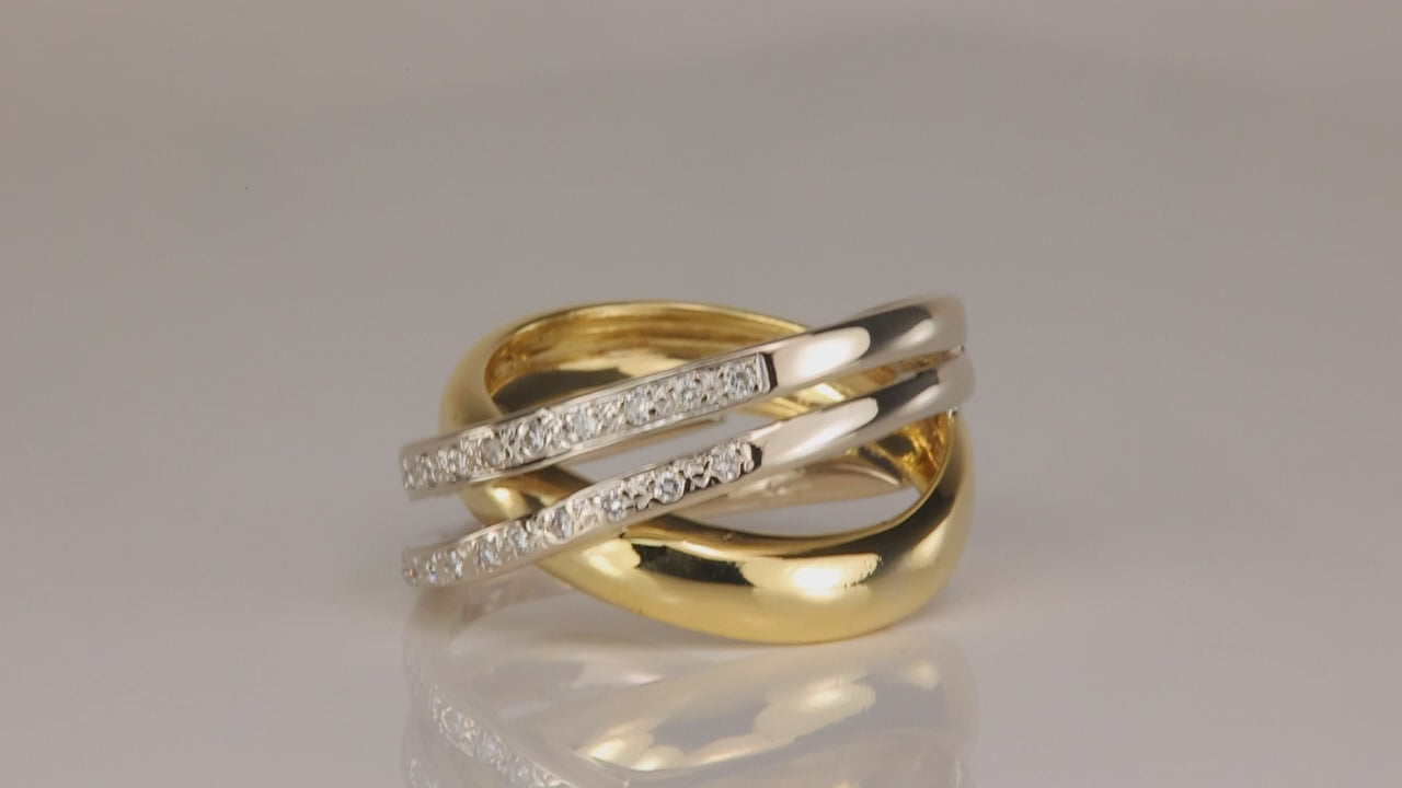 18K Yellow and White Gold Criss Cross Diamond Accented Ring