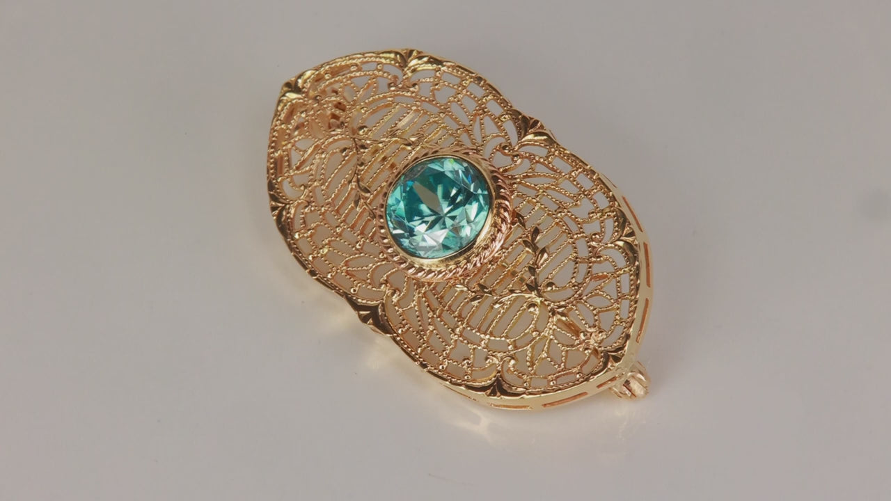 10K Yellow Gold Detailed Blue Zircon Pin 1.76 Carats