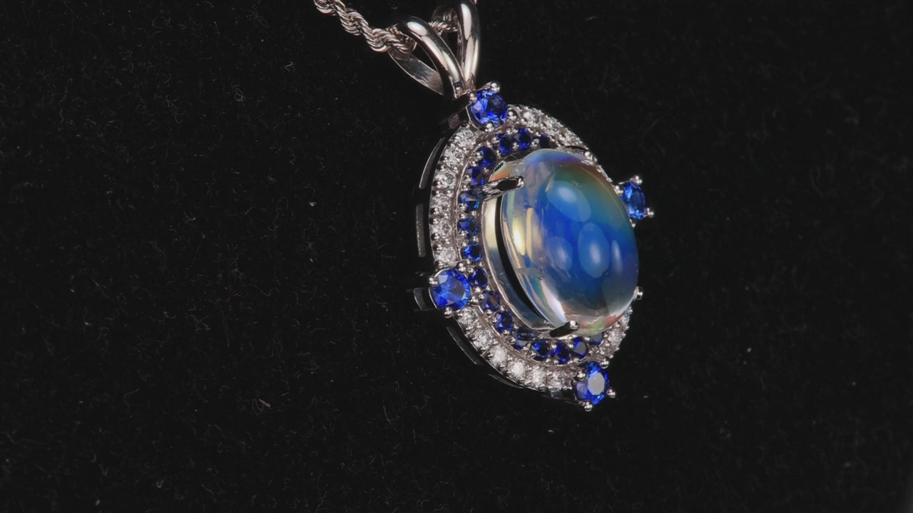 14K White Gold 7.78ct Moonstone and Sapphire Pendant By Steve Moriarty